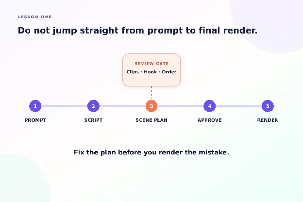 A five-step flow from prompt to render, with a review gate at the scene plan to check clips, hook and order