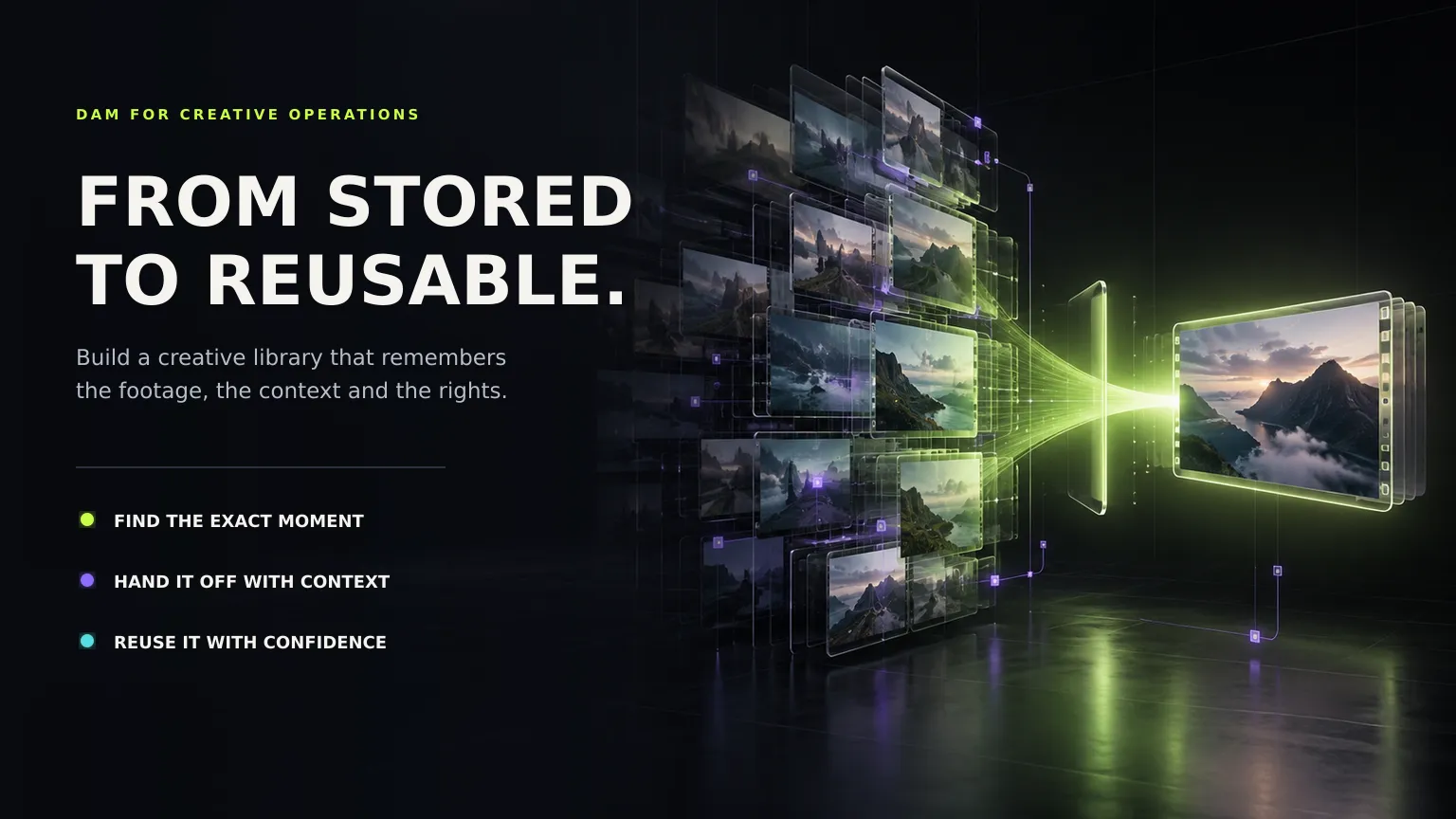 DAM for creative operations: stacks of stored video frames funnel into one reusable clip, from stored to reusable