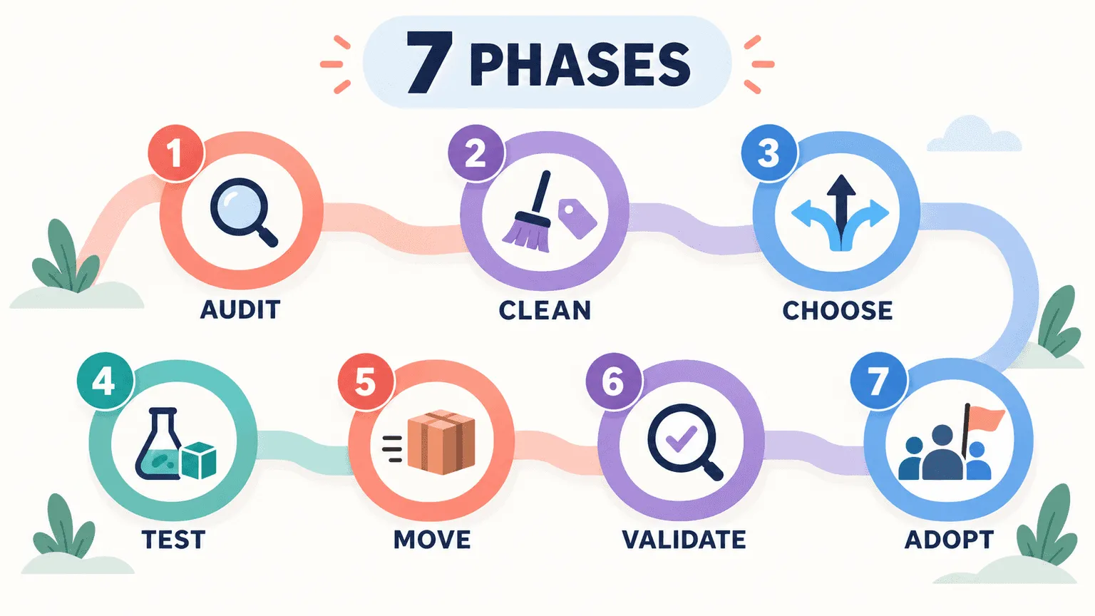 Seven phases of a DAM migration: audit, clean, choose, test, move, validate, adopt
