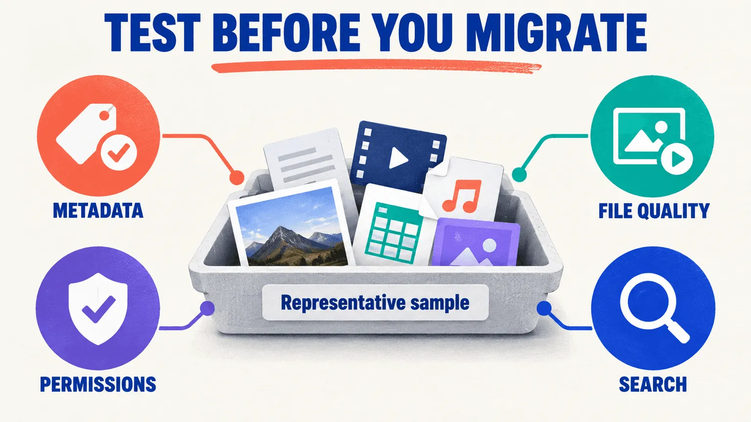 Test before you migrate: a representative sample of files checks metadata, permissions, file quality and search