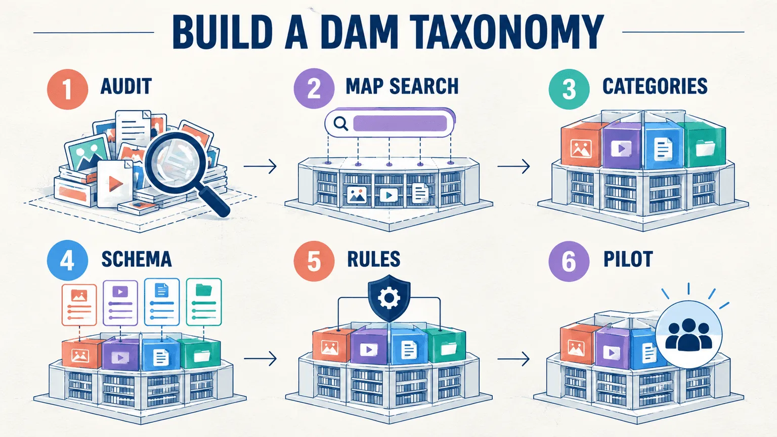 Six steps to build a DAM taxonomy: audit, map search, categories, schema, rules and pilot