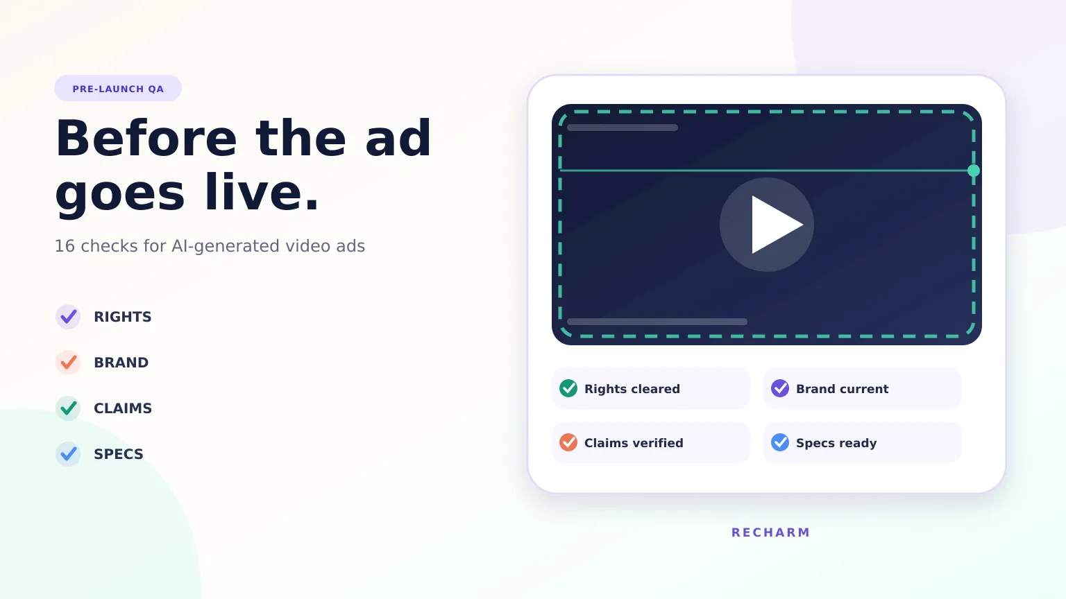 Before the ad goes live, 16 checks for AI-generated video ads covering rights, brand, claims and specs