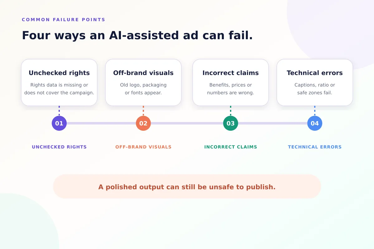 Four ways an AI-assisted ad can fail: unchecked rights, off-brand visuals, incorrect claims and technical errors