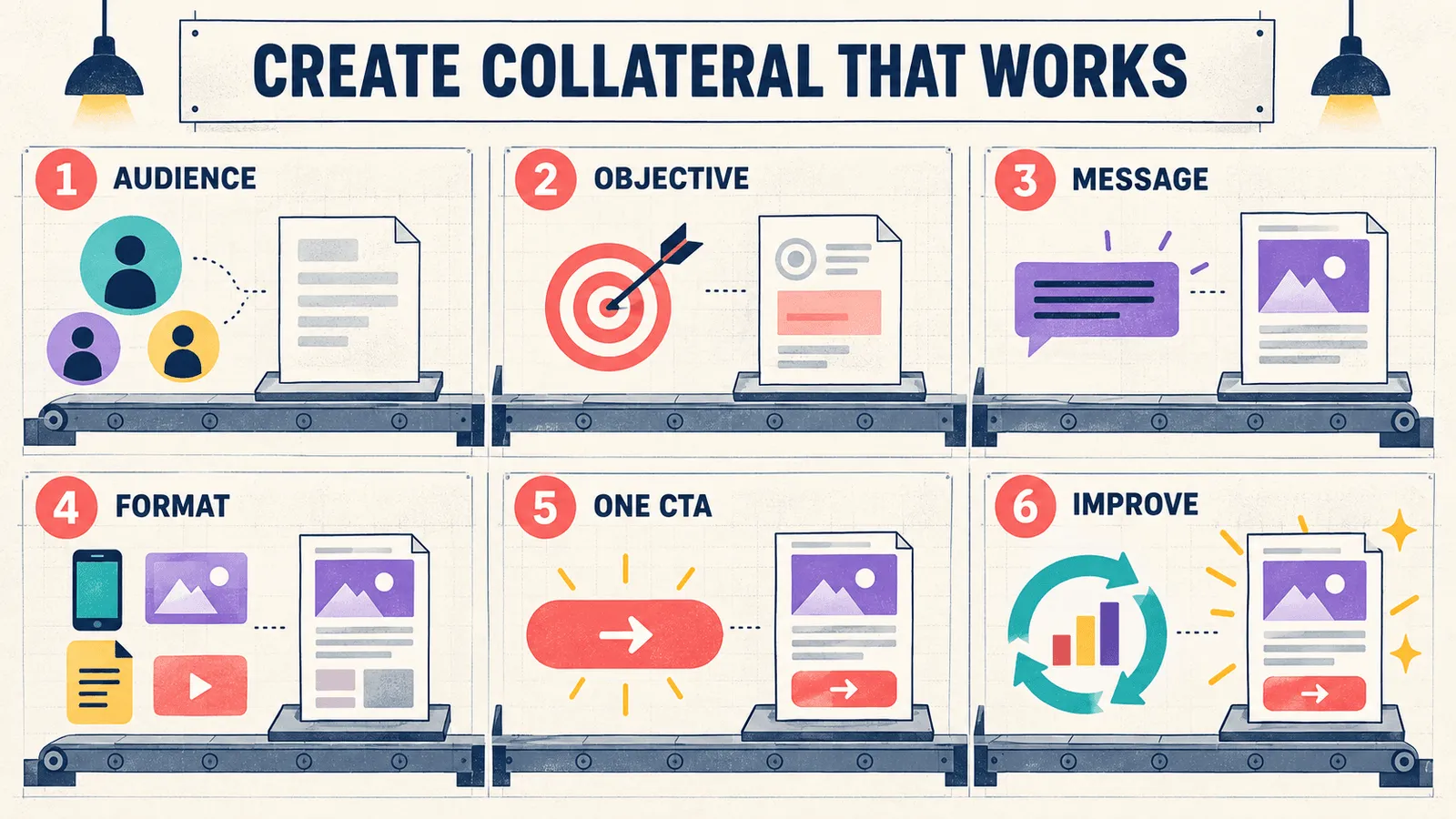 Six steps to create collateral that works: audience, objective, message, format, one CTA, improve