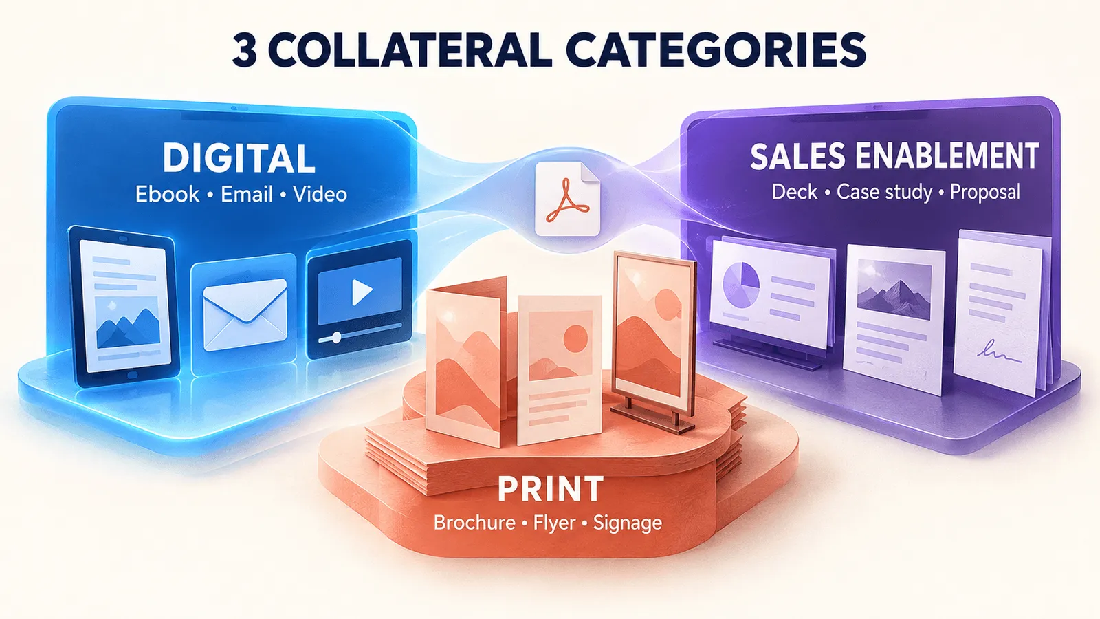 Three collateral categories: digital (ebook, email, video), print (brochure, flyer, signage), sales enablement