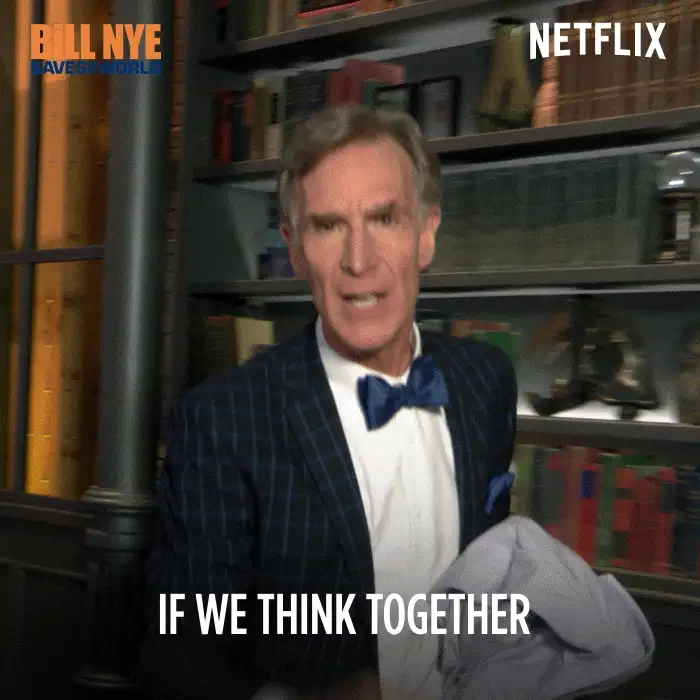 Animated GIF of a man in a bow tie saying 'If we think together', illustrating team collaboration